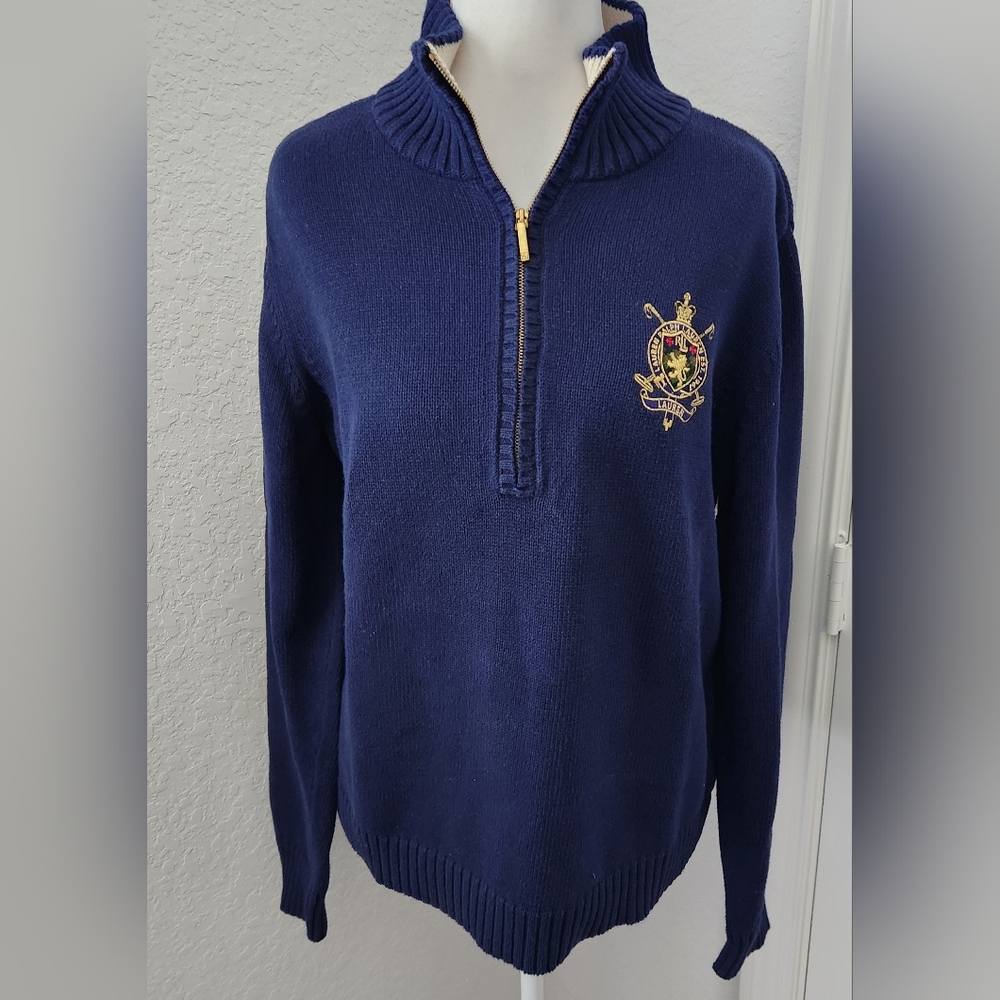 Lauren Ralph Lauren Navy  1/4 Zip Long Sleeve Sweater with Crest Women's Size L